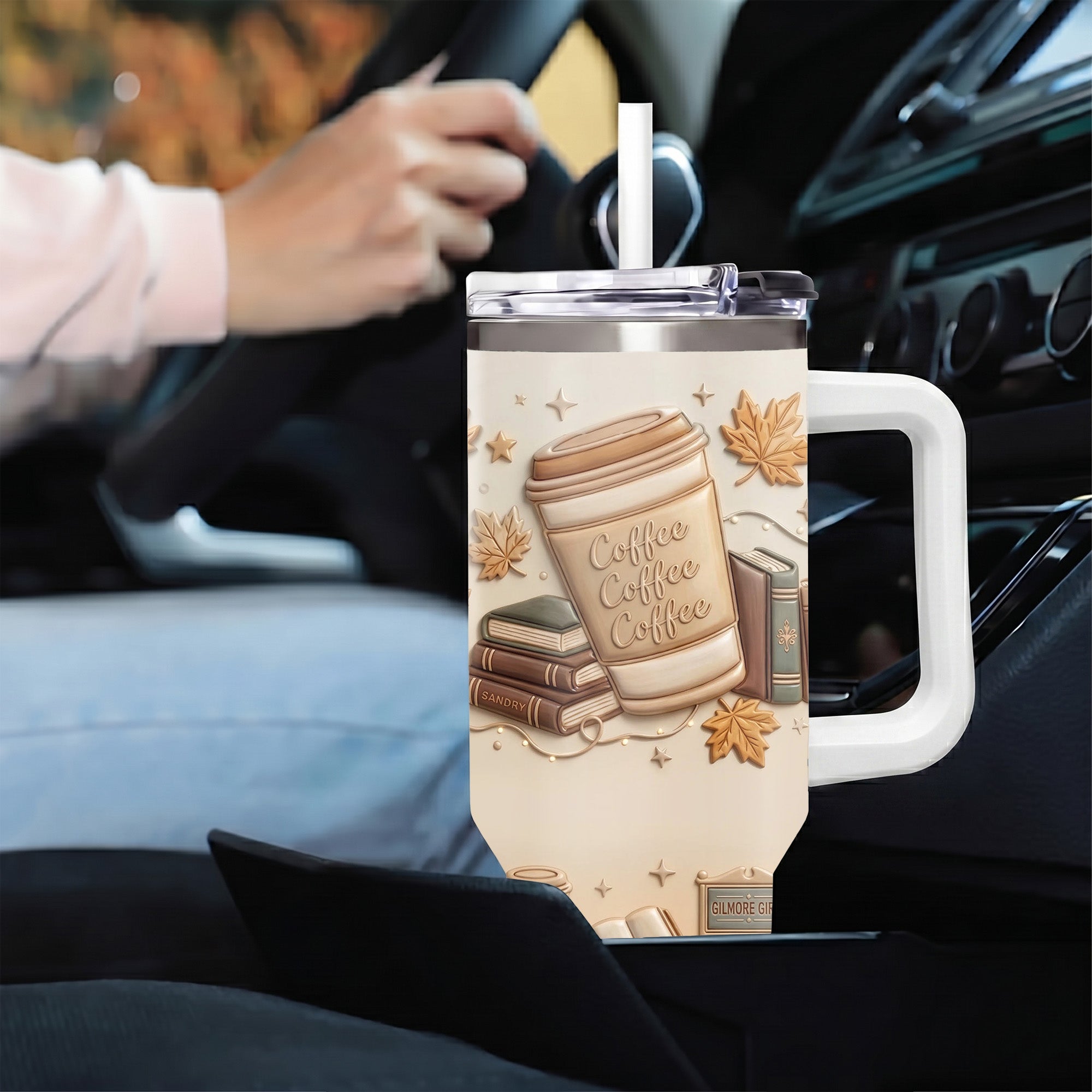 Stars Hollow Autumn Gilmore Girls Inspired 40oz Tumbler with Handle, Coffee Coffee Coffee 3D Embossed Fall Travel Cup
