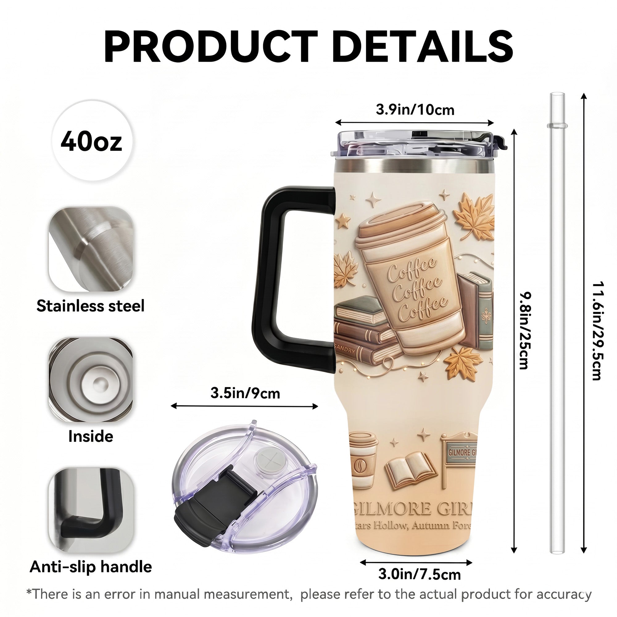 Stars Hollow Autumn Gilmore Girls Inspired 40oz Tumbler with Handle, Coffee Coffee Coffee 3D Embossed Fall Travel Cup