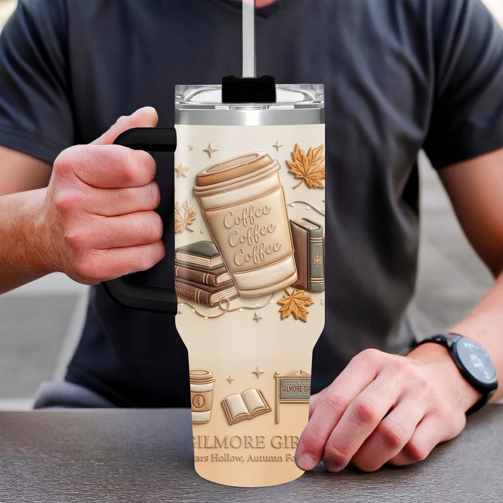 Stars Hollow Autumn Gilmore Girls Inspired 40oz Tumbler with Handle, Coffee Coffee Coffee 3D Embossed Fall Travel Cup