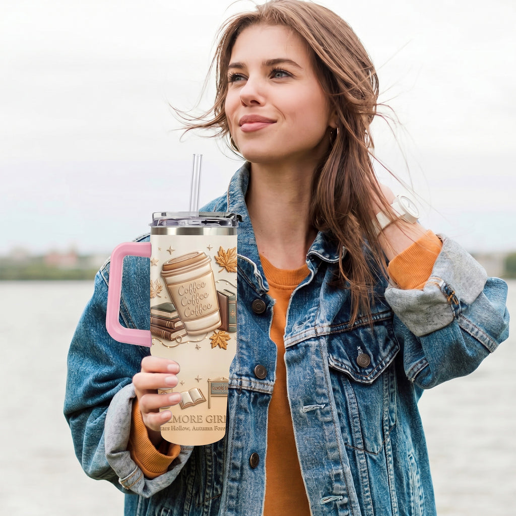 Stars Hollow Autumn Gilmore Girls Inspired 40oz Tumbler with Handle, Coffee Coffee Coffee 3D Embossed Fall Travel Cup