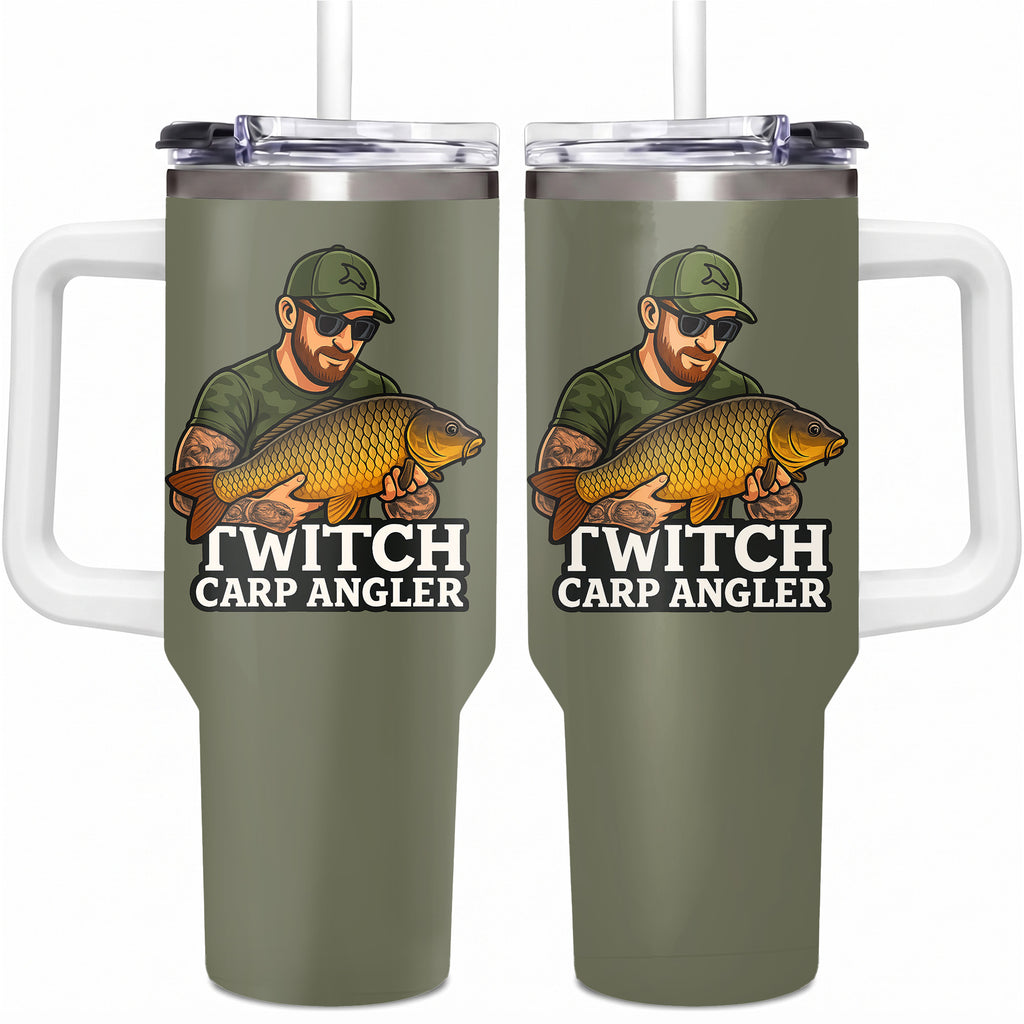 Carp Fishing 40oz Stainless Steel Tumbler, Angler Outdoors Travel Mug with Handle & Straw, Fisherman Dad Gift, Sportsman Drinkware