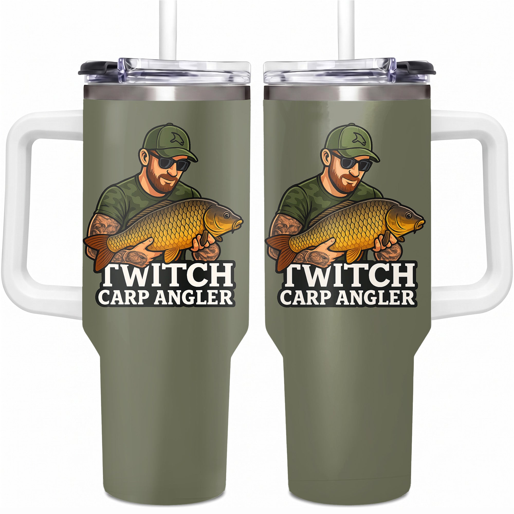 Carp Fishing 40oz Stainless Steel Tumbler, Angler Outdoors Travel Mug with Handle & Straw, Fisherman Dad Gift, Sportsman Drinkware