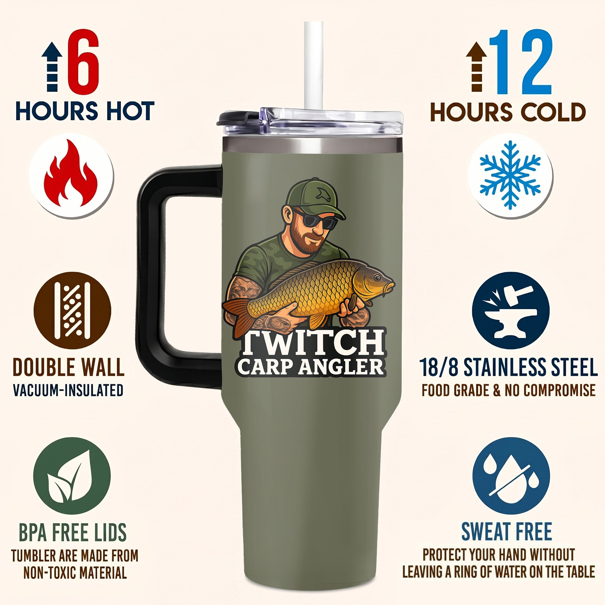 Carp Fishing 40oz Stainless Steel Tumbler, Angler Outdoors Travel Mug with Handle & Straw, Fisherman Dad Gift, Sportsman Drinkware