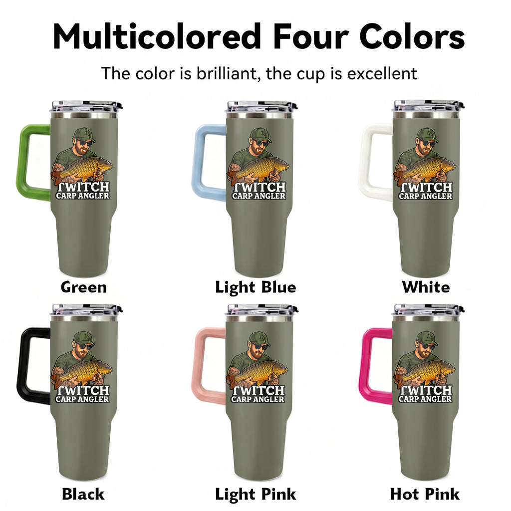 Carp Fishing 40oz Stainless Steel Tumbler, Angler Outdoors Travel Mug with Handle & Straw, Fisherman Dad Gift, Sportsman Drinkware