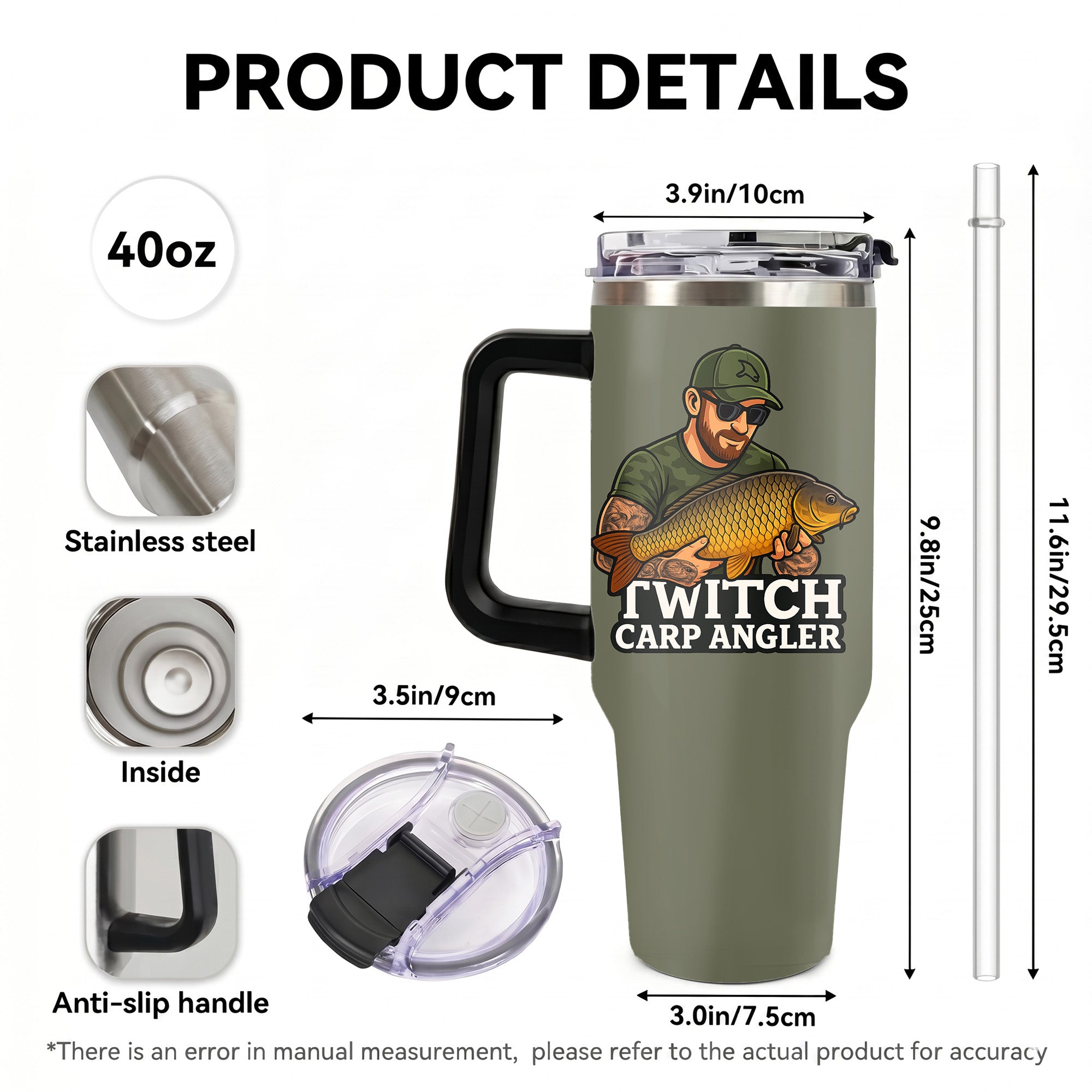 Carp Fishing 40oz Stainless Steel Tumbler, Angler Outdoors Travel Mug with Handle & Straw, Fisherman Dad Gift, Sportsman Drinkware