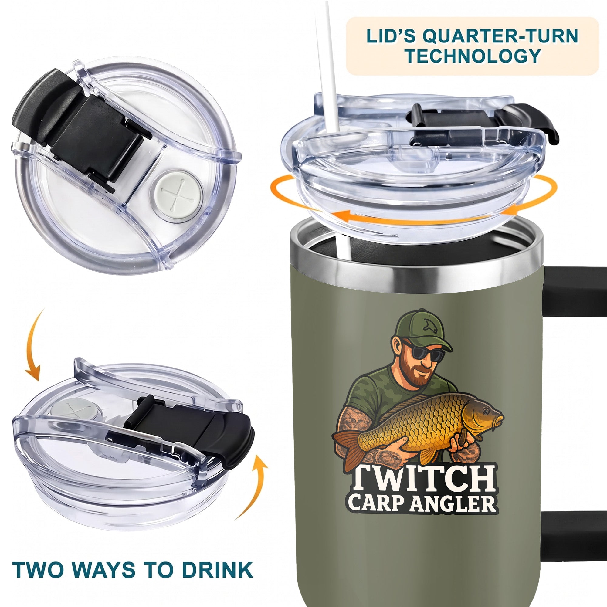 Carp Fishing 40oz Stainless Steel Tumbler, Angler Outdoors Travel Mug with Handle & Straw, Fisherman Dad Gift, Sportsman Drinkware