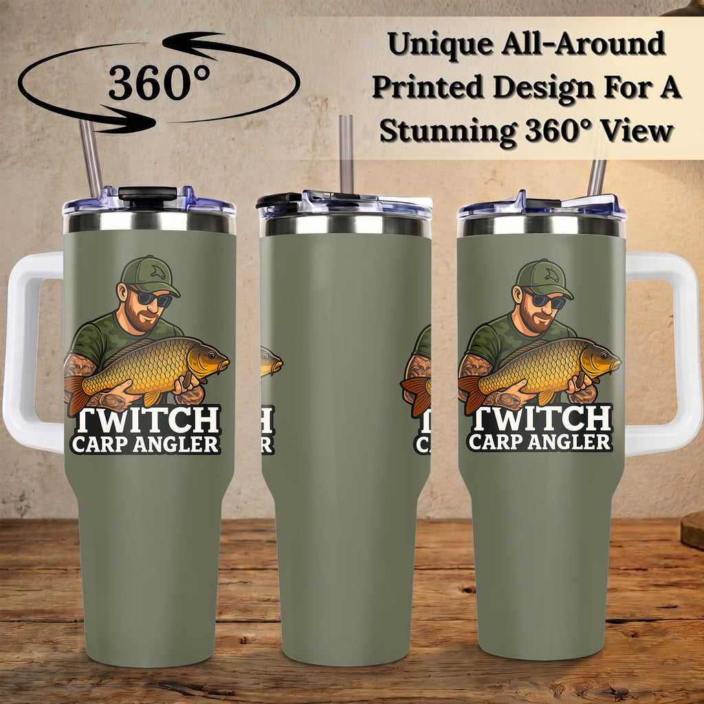 Carp Fishing 40oz Stainless Steel Tumbler, Angler Outdoors Travel Mug with Handle & Straw, Fisherman Dad Gift, Sportsman Drinkware