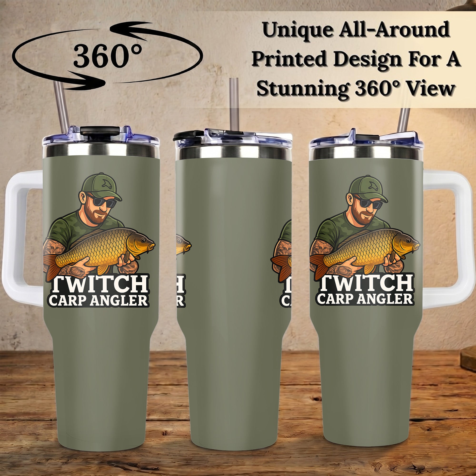 Carp Fishing 40oz Stainless Steel Tumbler, Angler Outdoors Travel Mug with Handle & Straw, Fisherman Dad Gift, Sportsman Drinkware