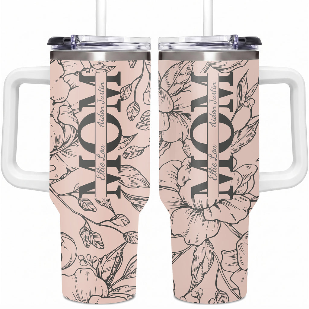 Personalized Mom Tumbler with Kids Names, Custom 40oz Floral Travel Cup with Handle & Straw, Mother's Day Gift