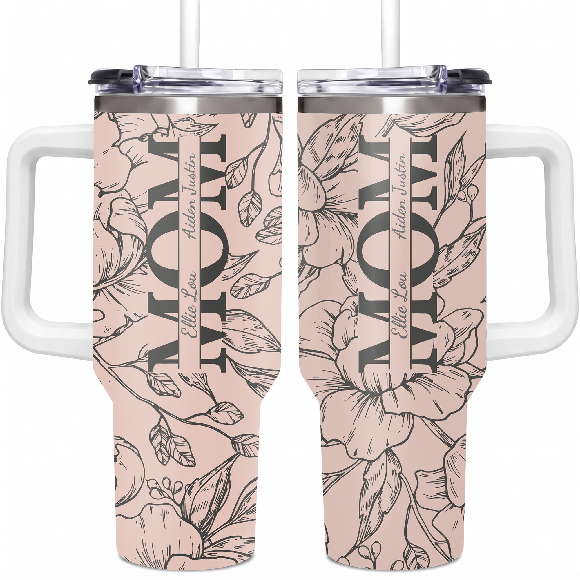 Personalized Mom Tumbler with Kids Names, Custom 40oz Floral Travel Cup with Handle & Straw, Mother's Day Gift