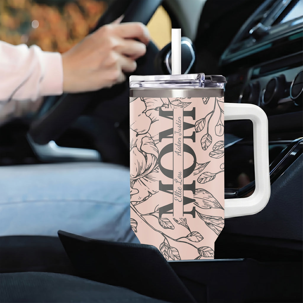 Personalized Mom Tumbler with Kids Names, Custom 40oz Floral Travel Cup with Handle & Straw, Mother's Day Gift