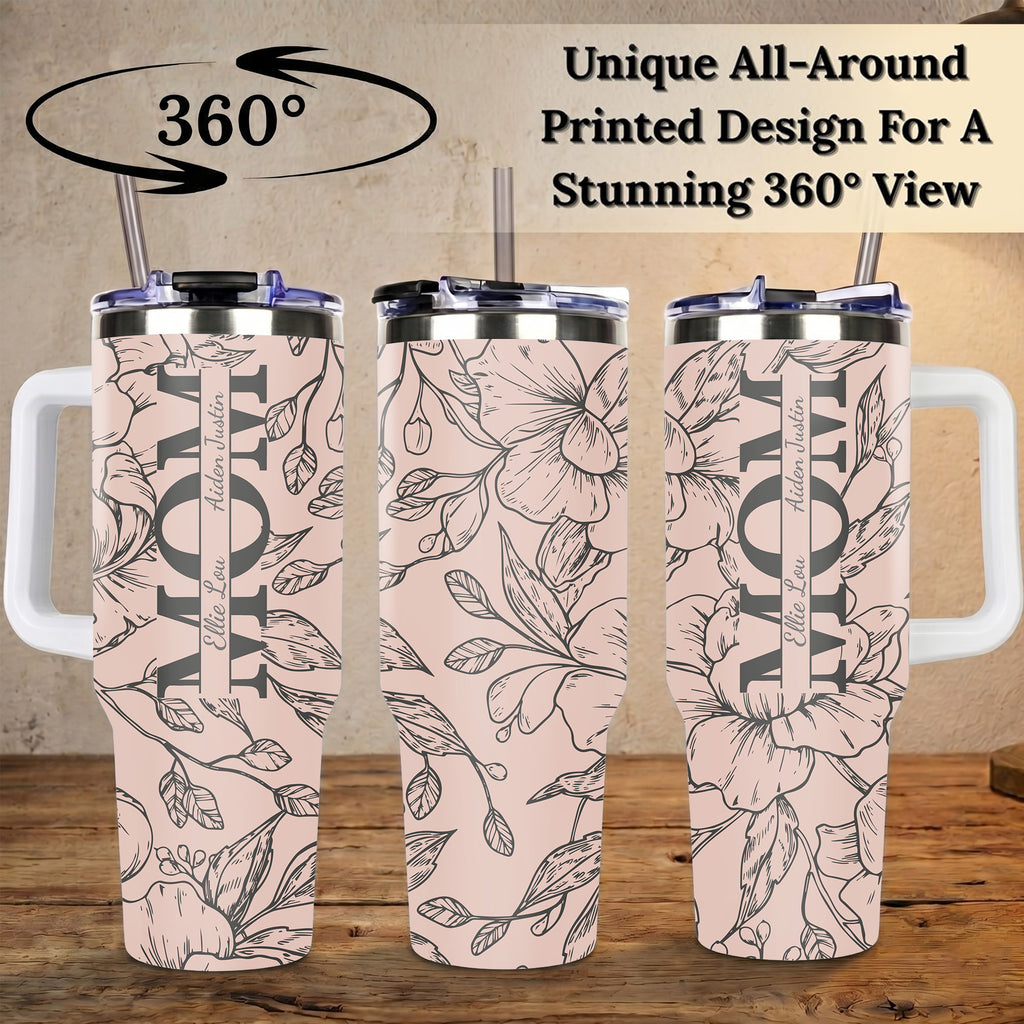 Personalized Mom Tumbler with Kids Names, Custom 40oz Floral Travel Cup with Handle & Straw, Mother's Day Gift