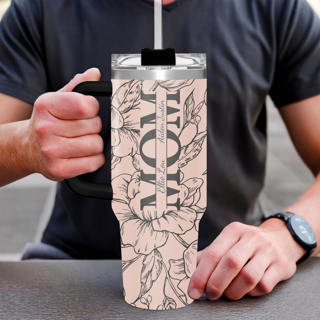 Personalized Mom Tumbler with Kids Names, Custom 40oz Floral Travel Cup with Handle & Straw, Mother's Day Gift