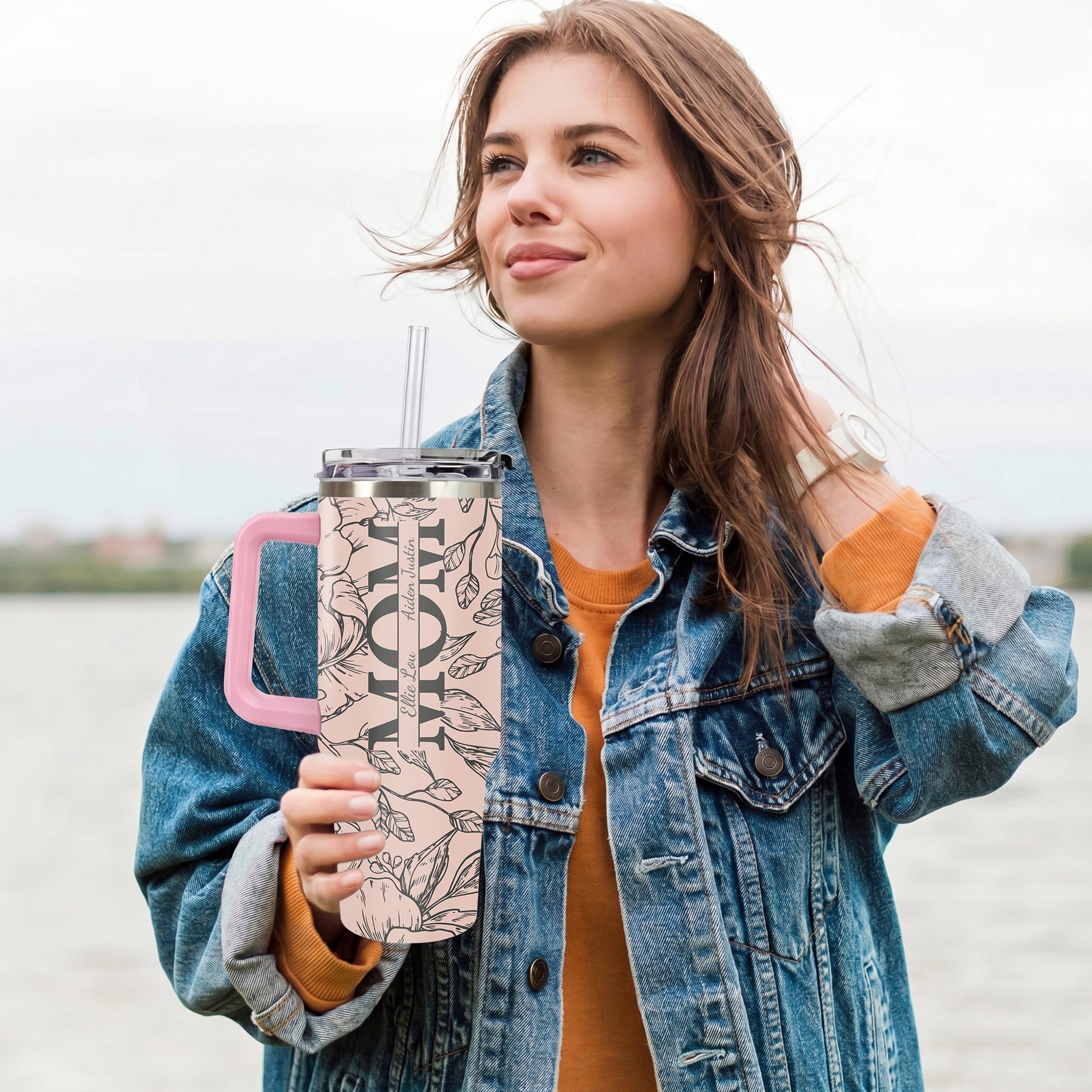 Personalized Mom Tumbler with Kids Names, Custom 40oz Floral Travel Cup with Handle & Straw, Mother's Day Gift
