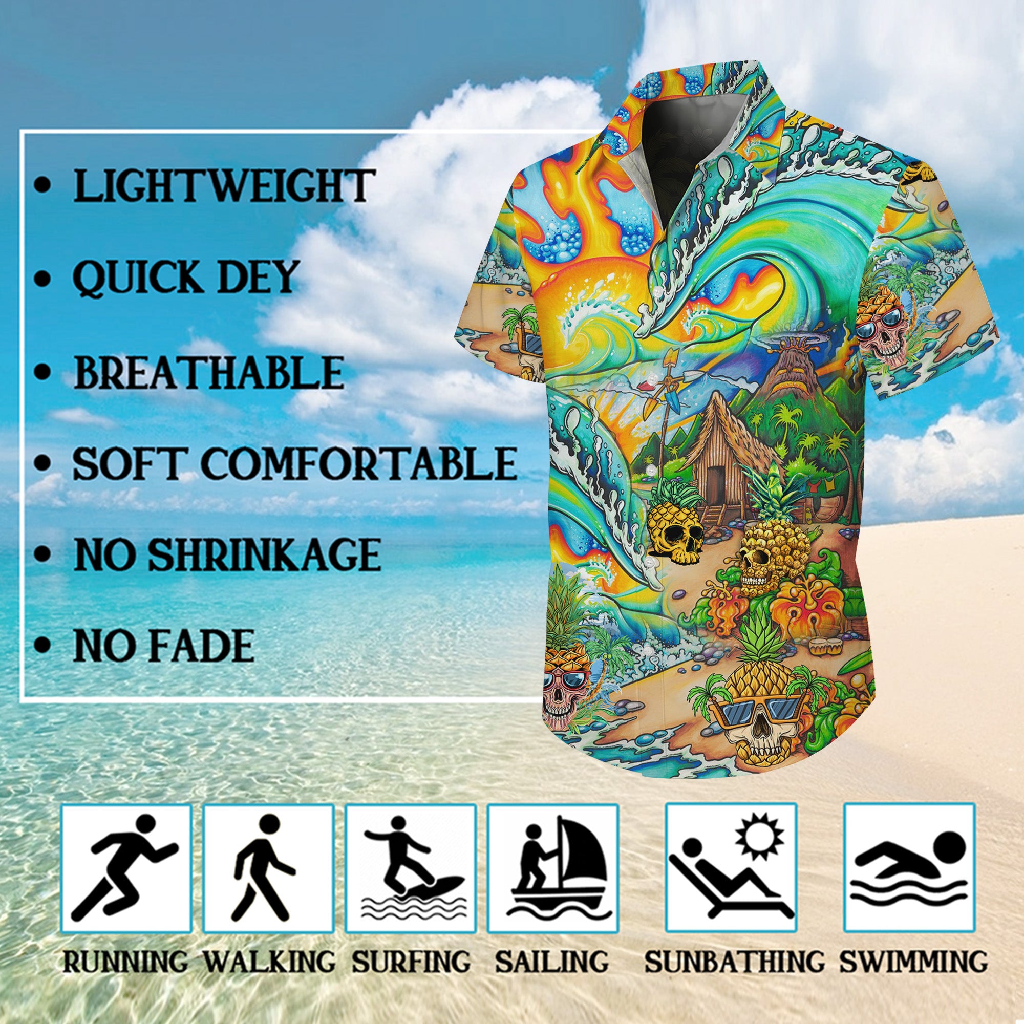 Skull Hawaiian Shirt, Personalized Aloha Shirt, Tropical Button Up Shirt, Beach Vacation Shirt