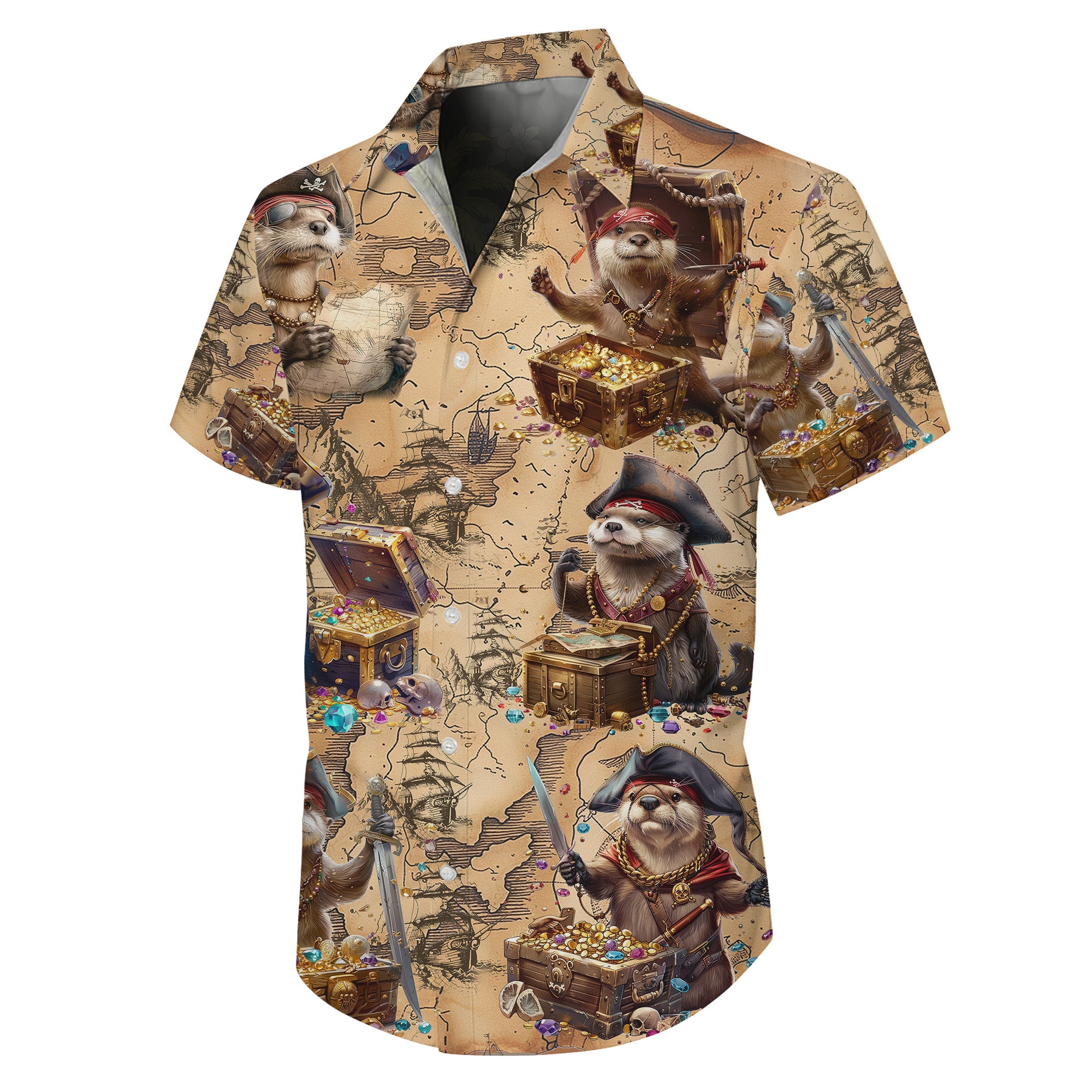Otter Hawaiian Shirt, Otter Button Up Shirt for Men, Tropical Short Sleeve Beach Vacation Summer Casual Shirt - 008