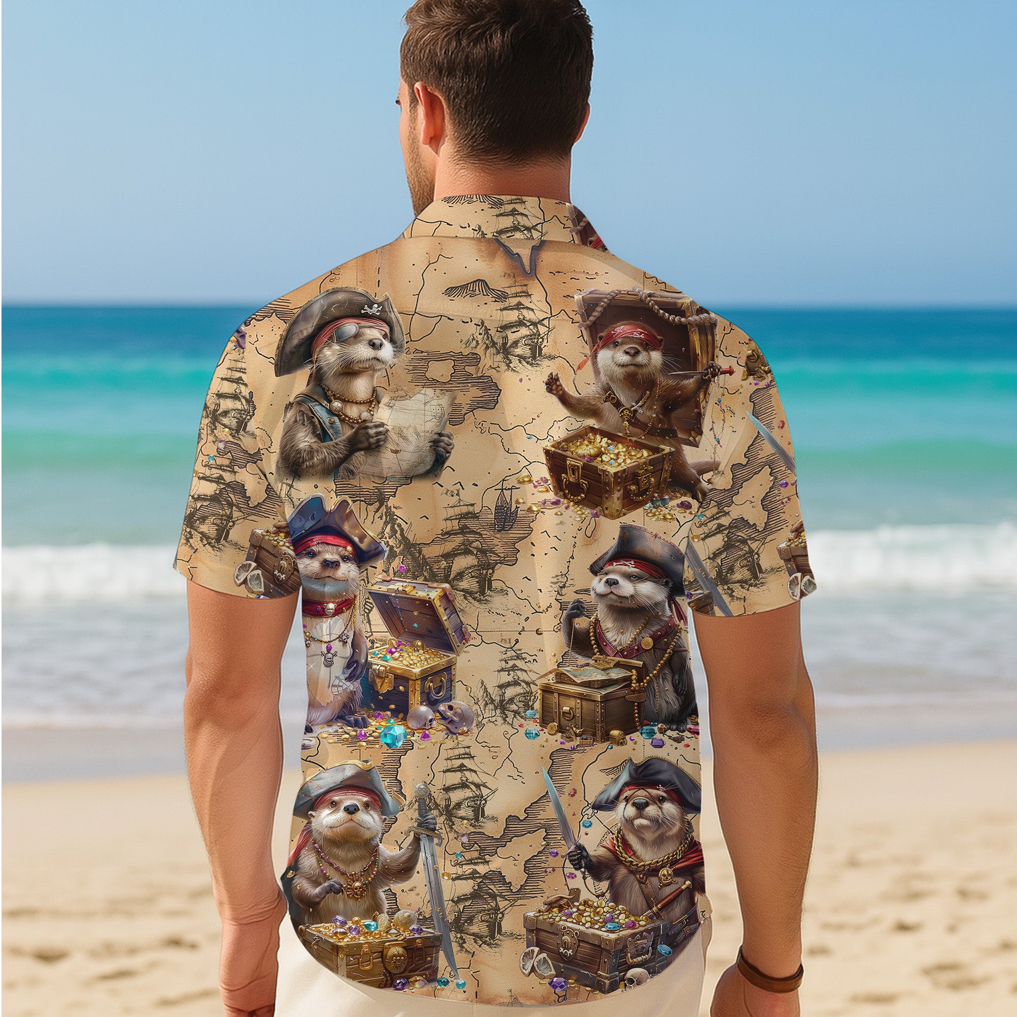 Otter Hawaiian Shirt, Otter Button Up Shirt for Men, Tropical Short Sleeve Beach Vacation Summer Casual Shirt - 008