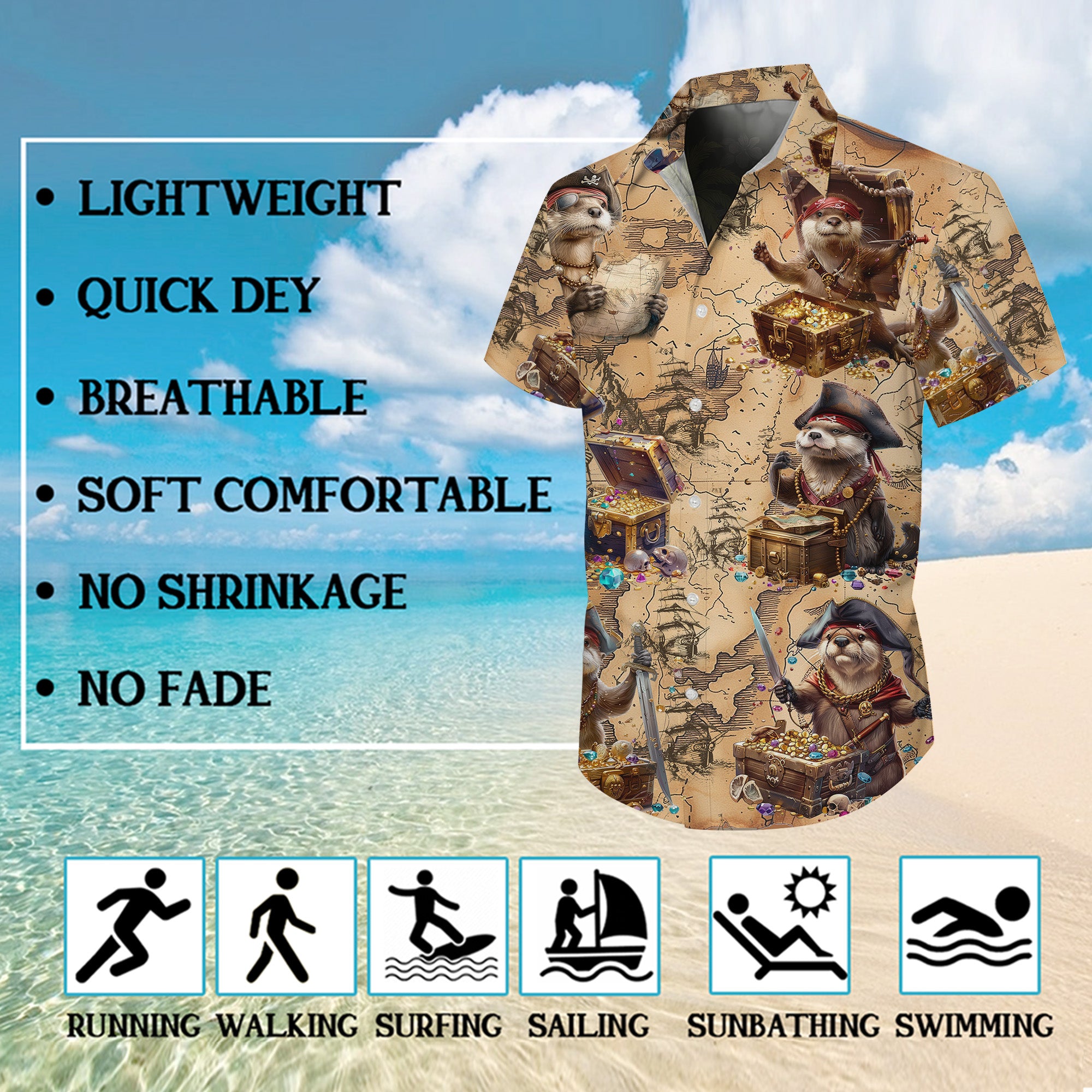 Otter Hawaiian Shirt, Otter Button Up Shirt for Men, Tropical Short Sleeve Beach Vacation Summer Casual Shirt - 008