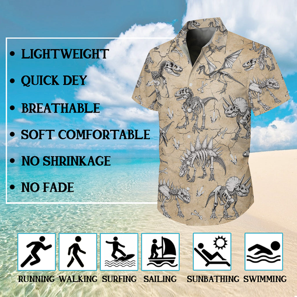 Dinosau Hawaiian Shirt, Dino Button Up Shirt for Men, T-Rex Tropical Short Sleeve Beach Vacation Summer Casual Shirt - 007