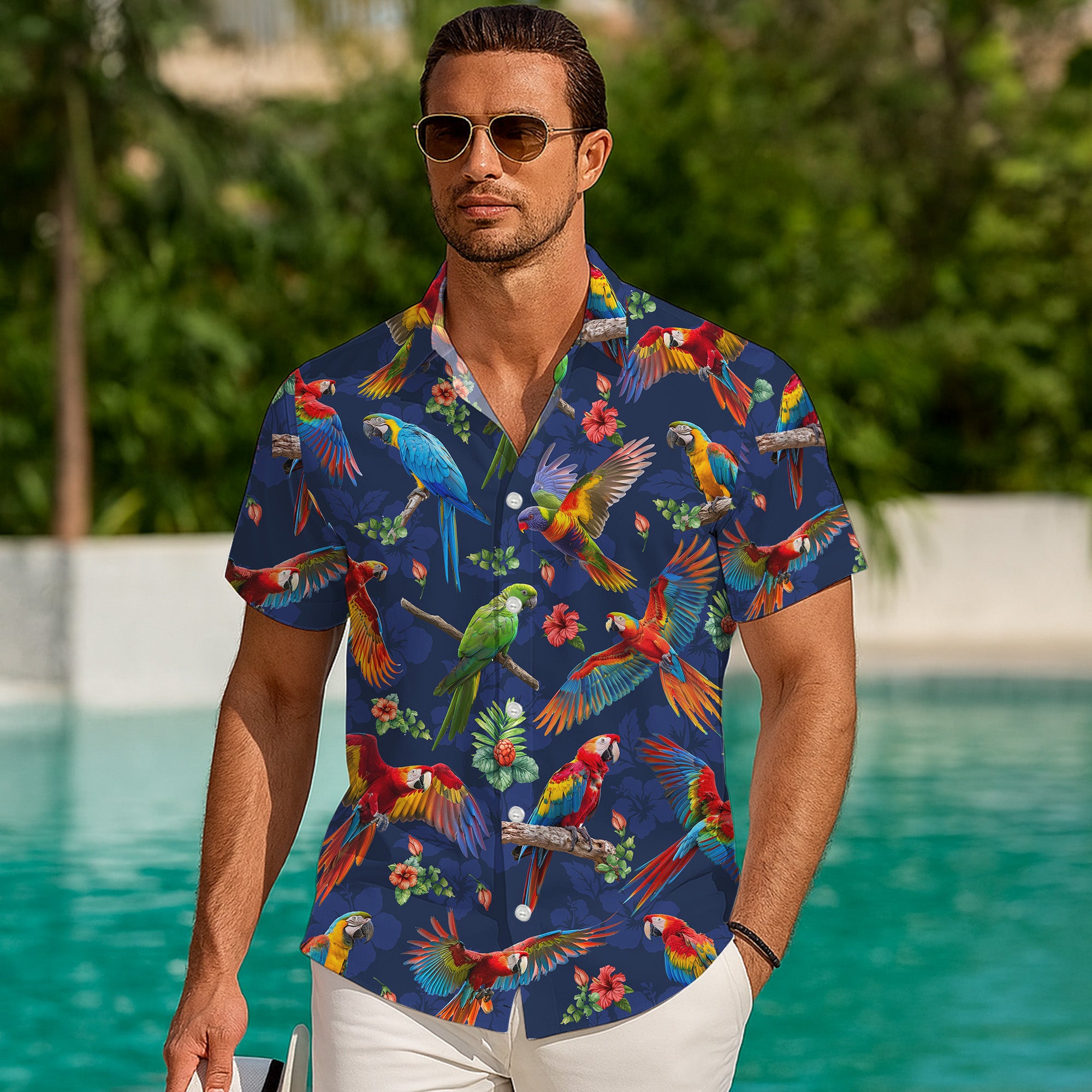 Parrot Hawaiian Shirt, Parrot Button Up Shirt for Men, Tropical Short Sleeve Beach Vacation Summer Casual Shirt - 009