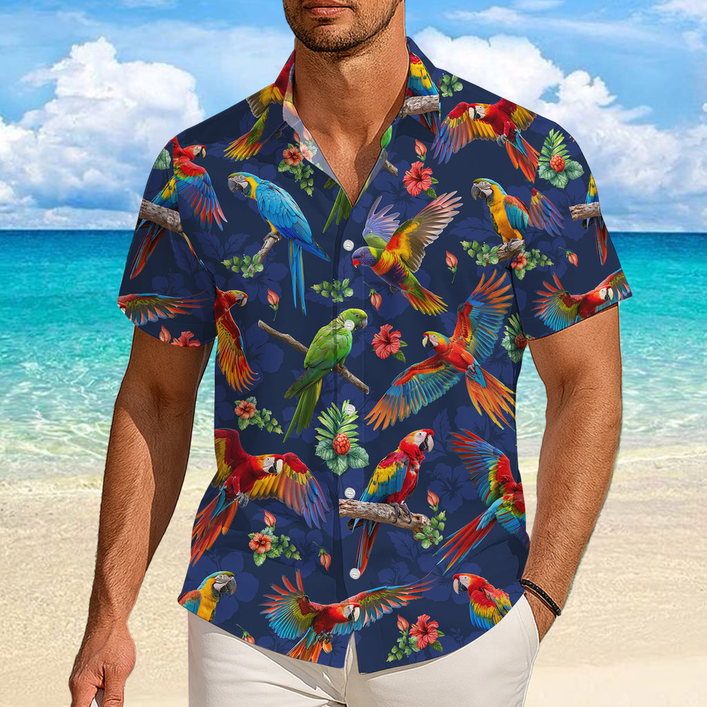 Parrot Hawaiian Shirt, Parrot Button Up Shirt for Men, Tropical Short Sleeve Beach Vacation Summer Casual Shirt - 009