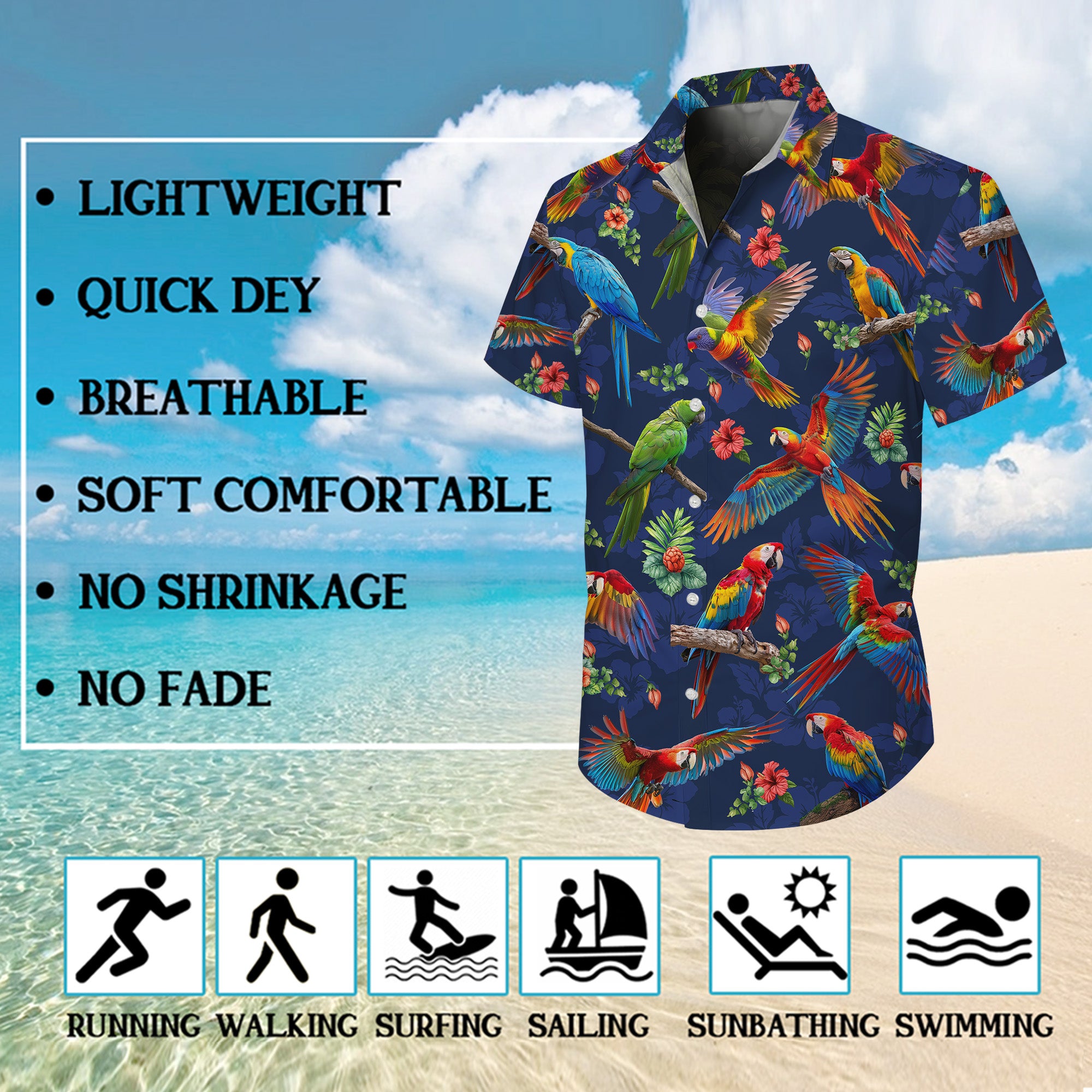 Parrot Hawaiian Shirt, Parrot Button Up Shirt for Men, Tropical Short Sleeve Beach Vacation Summer Casual Shirt - 009