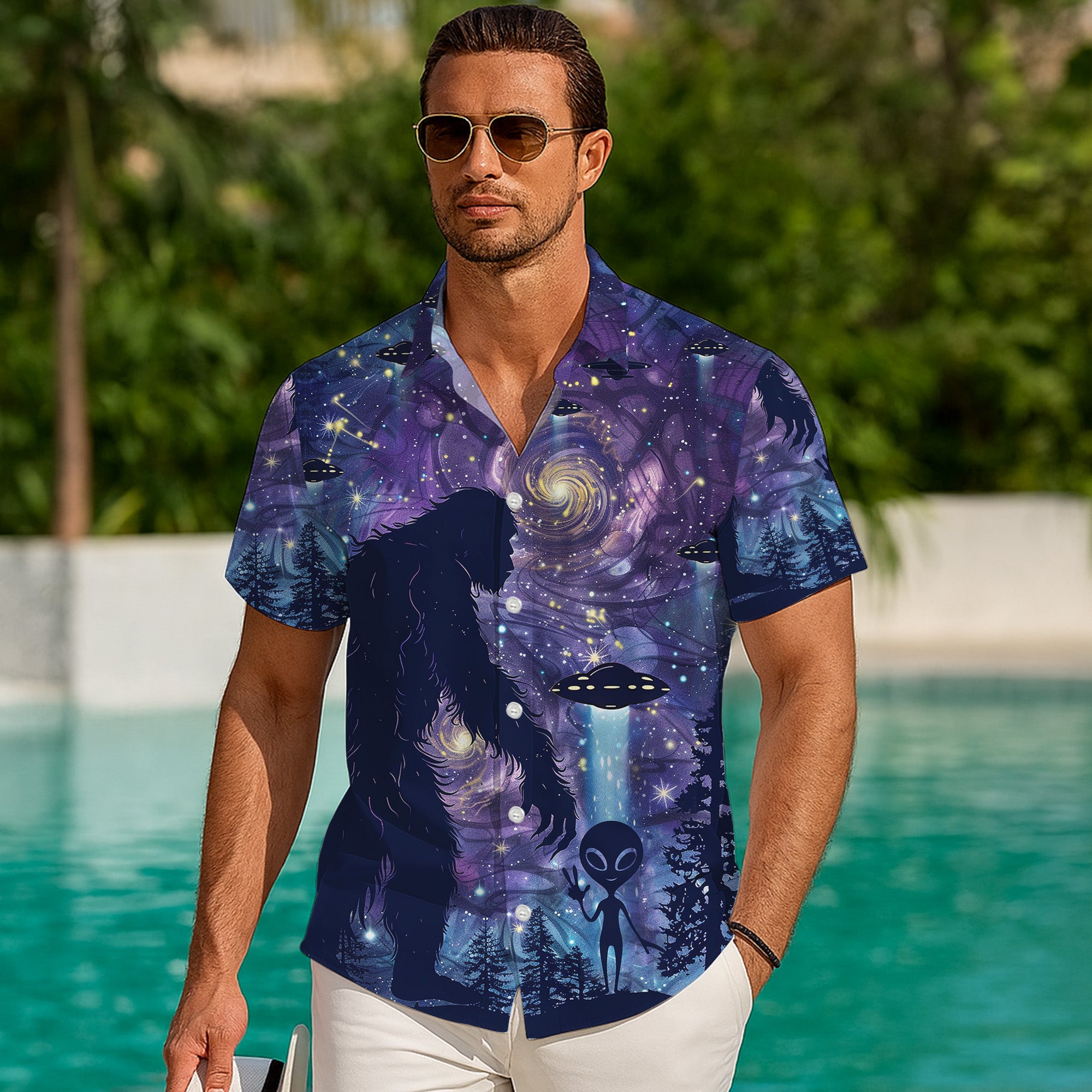 Bigfoot Hawaiian Shirt, Sasquatch Button Up Shirt for Men, Tropical Short Sleeve Beach Vacation Summer Casual Shirt - 0010