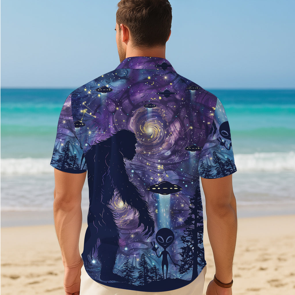 Bigfoot Hawaiian Shirt, Sasquatch Button Up Shirt for Men, Tropical Short Sleeve Beach Vacation Summer Casual Shirt - 0010