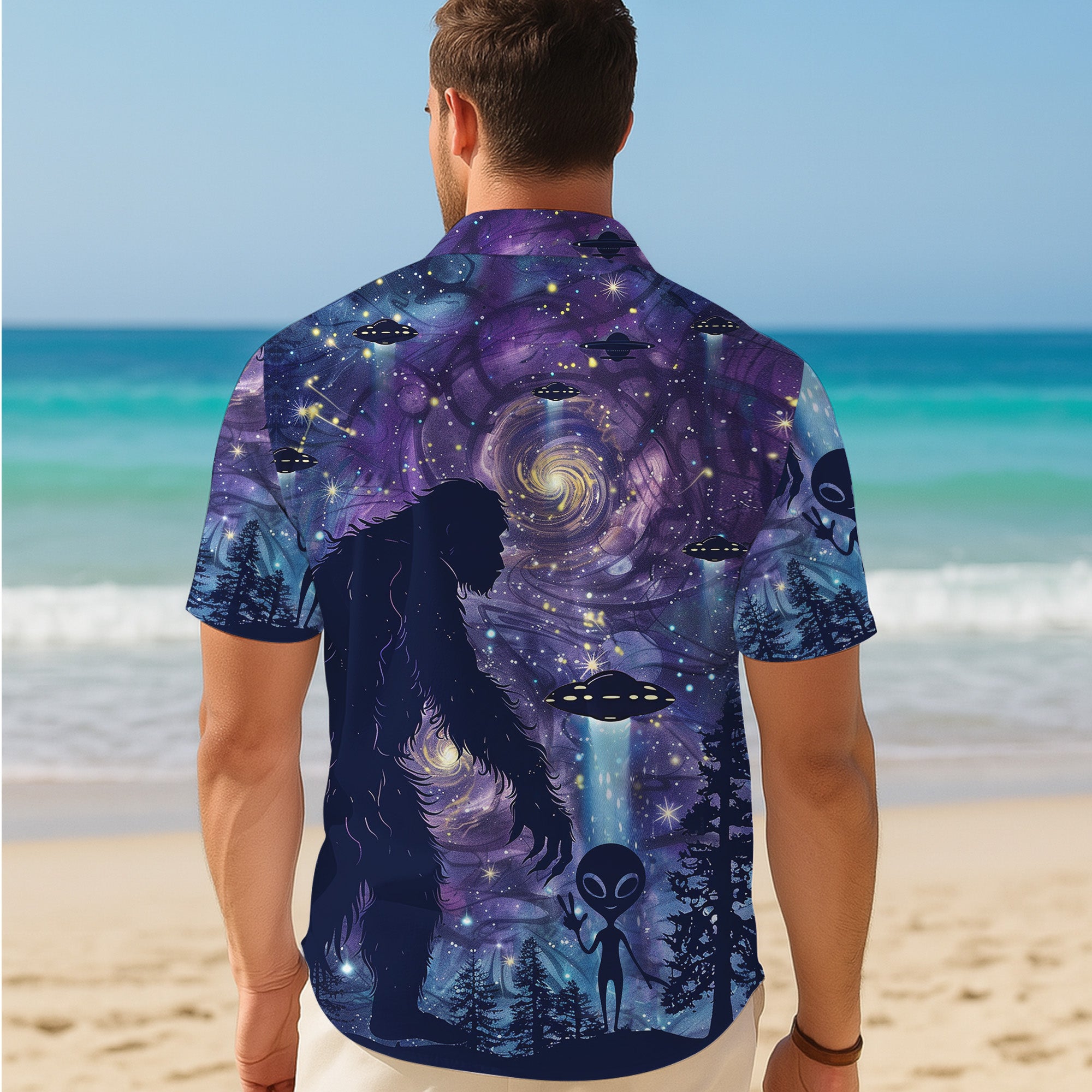 Bigfoot Hawaiian Shirt, Sasquatch Button Up Shirt for Men, Tropical Short Sleeve Beach Vacation Summer Casual Shirt - 0010