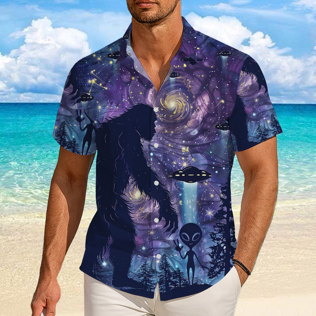 Bigfoot Hawaiian Shirt, Sasquatch Button Up Shirt for Men, Tropical Short Sleeve Beach Vacation Summer Casual Shirt - 0010