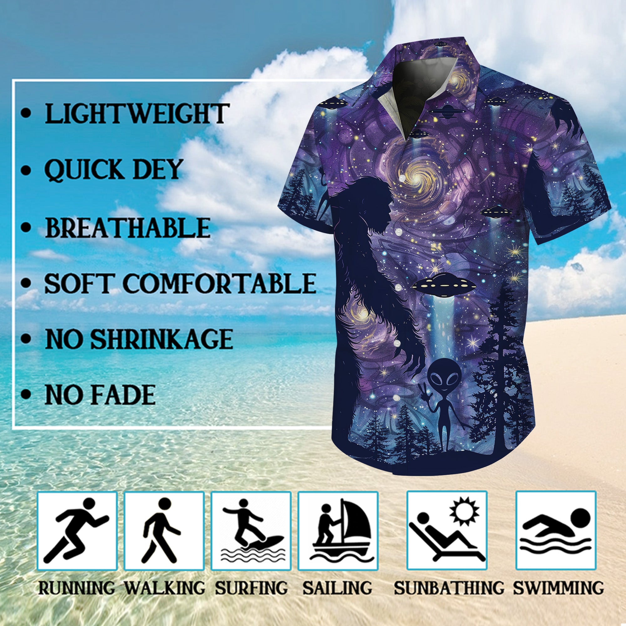 Bigfoot Hawaiian Shirt, Sasquatch Button Up Shirt for Men, Tropical Short Sleeve Beach Vacation Summer Casual Shirt - 0010