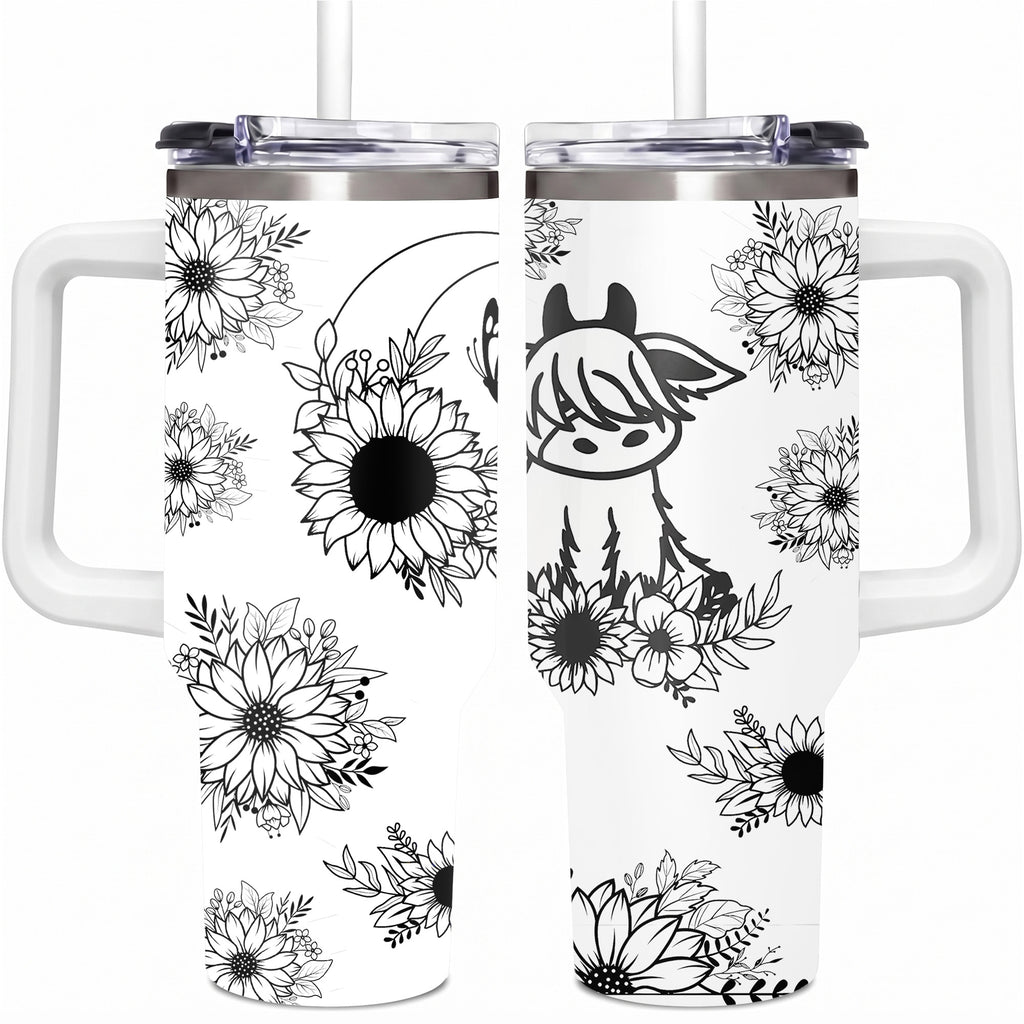 Cute Highland Cow and Sunflower 40oz Tumbler with Handle, Black and White Boho Floral Travel Cup, Western Country Insulated Mug