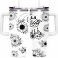 Cute Highland Cow and Sunflower 40oz Tumbler with Handle, Black and White Boho Floral Travel Cup, Western Country Insulated Mug