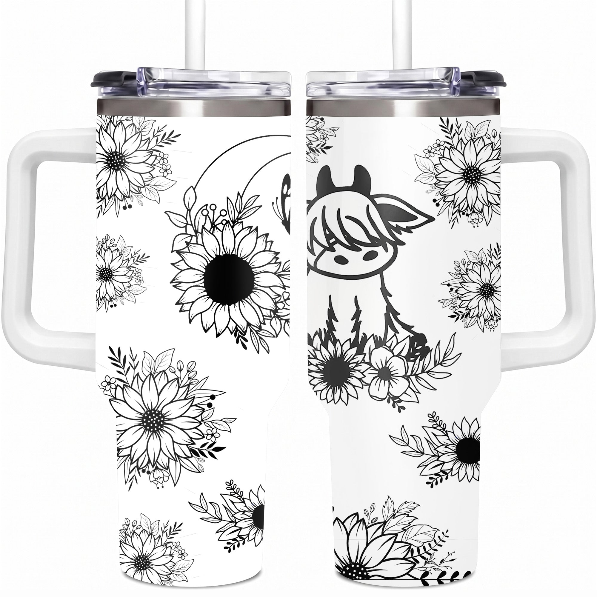 Cute Highland Cow and Sunflower 40oz Tumbler with Handle, Black and White Boho Floral Travel Cup, Western Country Insulated Mug