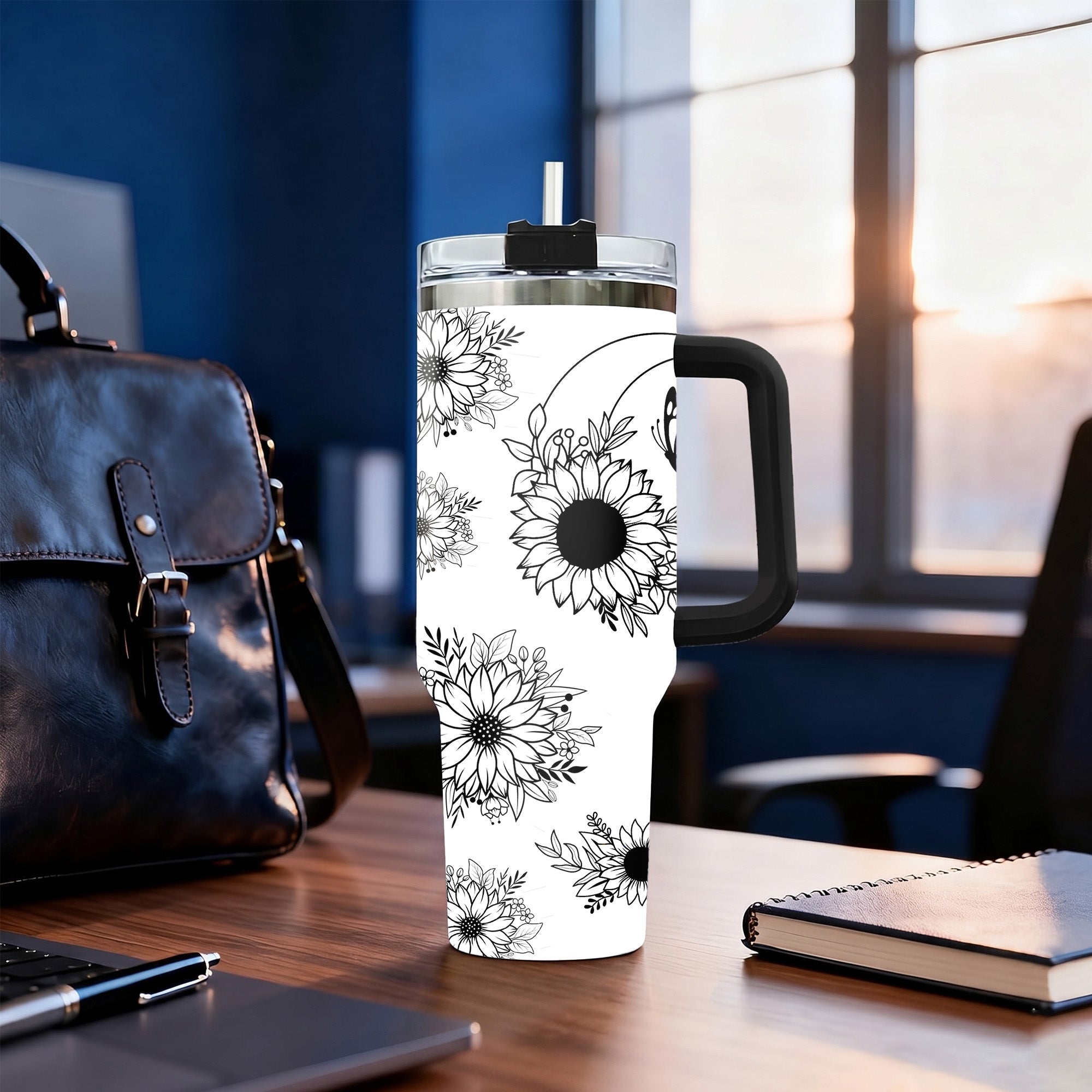 Cute Highland Cow and Sunflower 40oz Tumbler with Handle, Black and White Boho Floral Travel Cup, Western Country Insulated Mug