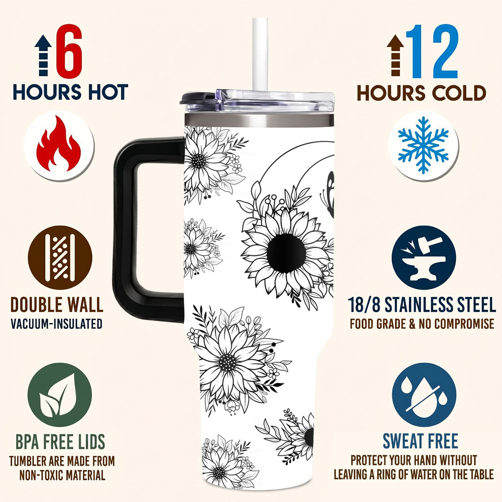 Cute Highland Cow and Sunflower 40oz Tumbler with Handle, Black and White Boho Floral Travel Cup, Western Country Insulated Mug