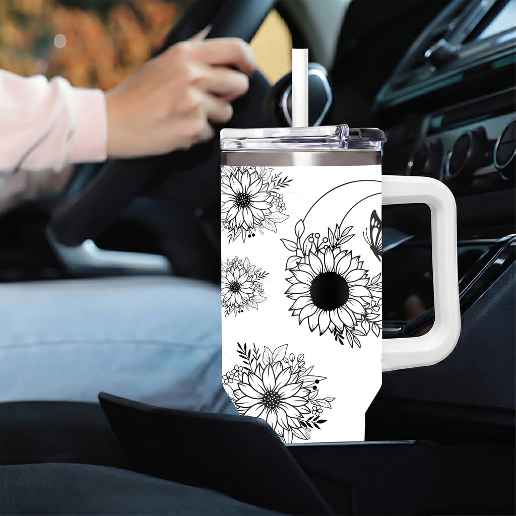 Cute Highland Cow and Sunflower 40oz Tumbler with Handle, Black and White Boho Floral Travel Cup, Western Country Insulated Mug