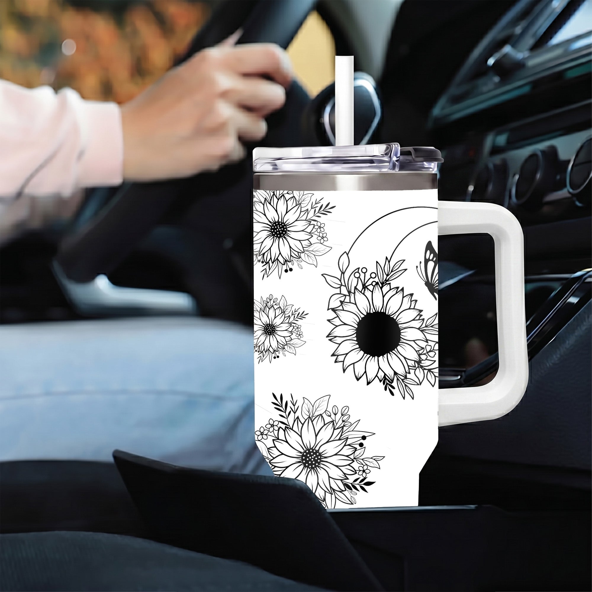 Cute Highland Cow and Sunflower 40oz Tumbler with Handle, Black and White Boho Floral Travel Cup, Western Country Insulated Mug