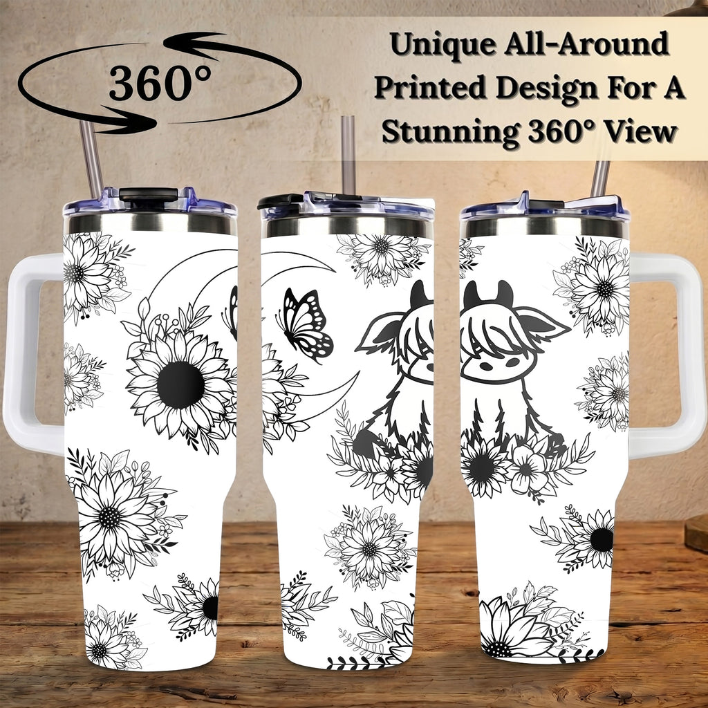 Cute Highland Cow and Sunflower 40oz Tumbler with Handle, Black and White Boho Floral Travel Cup, Western Country Insulated Mug