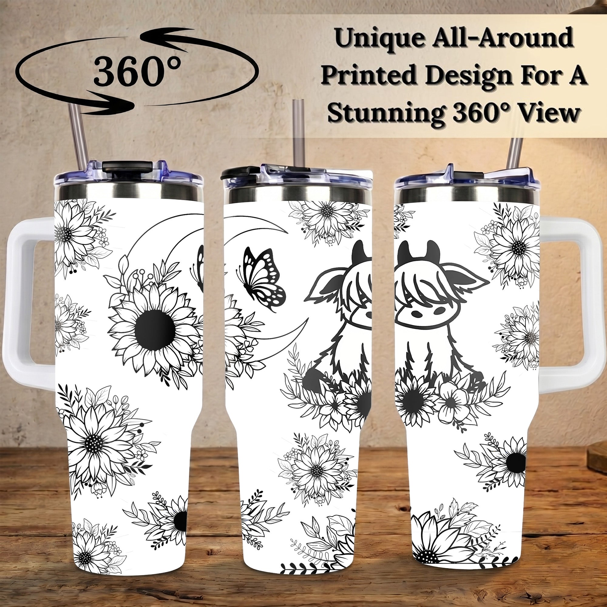 Cute Highland Cow and Sunflower 40oz Tumbler with Handle, Black and White Boho Floral Travel Cup, Western Country Insulated Mug