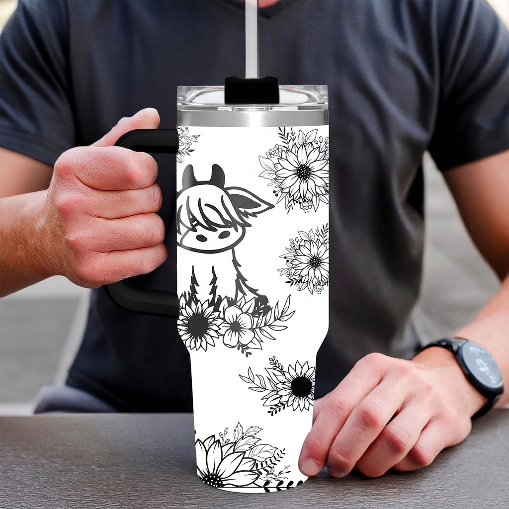 Cute Highland Cow and Sunflower 40oz Tumbler with Handle, Black and White Boho Floral Travel Cup, Western Country Insulated Mug