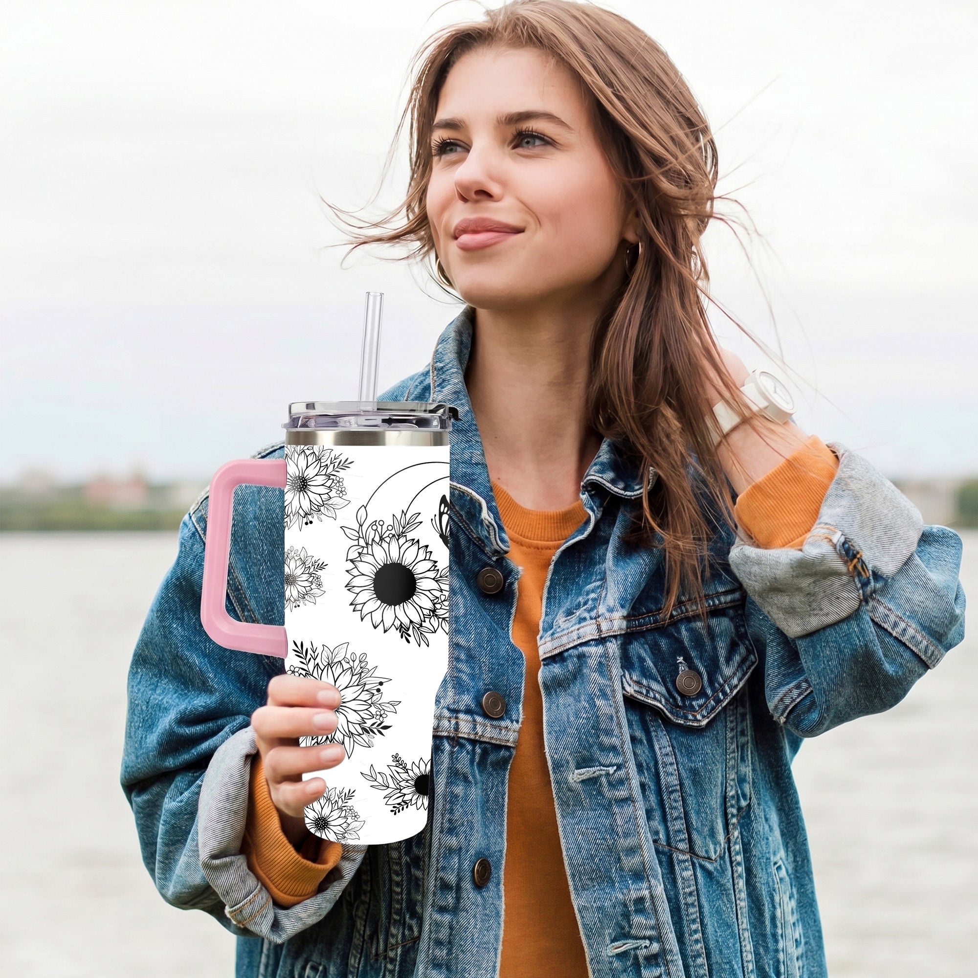 Cute Highland Cow and Sunflower 40oz Tumbler with Handle, Black and White Boho Floral Travel Cup, Western Country Insulated Mug