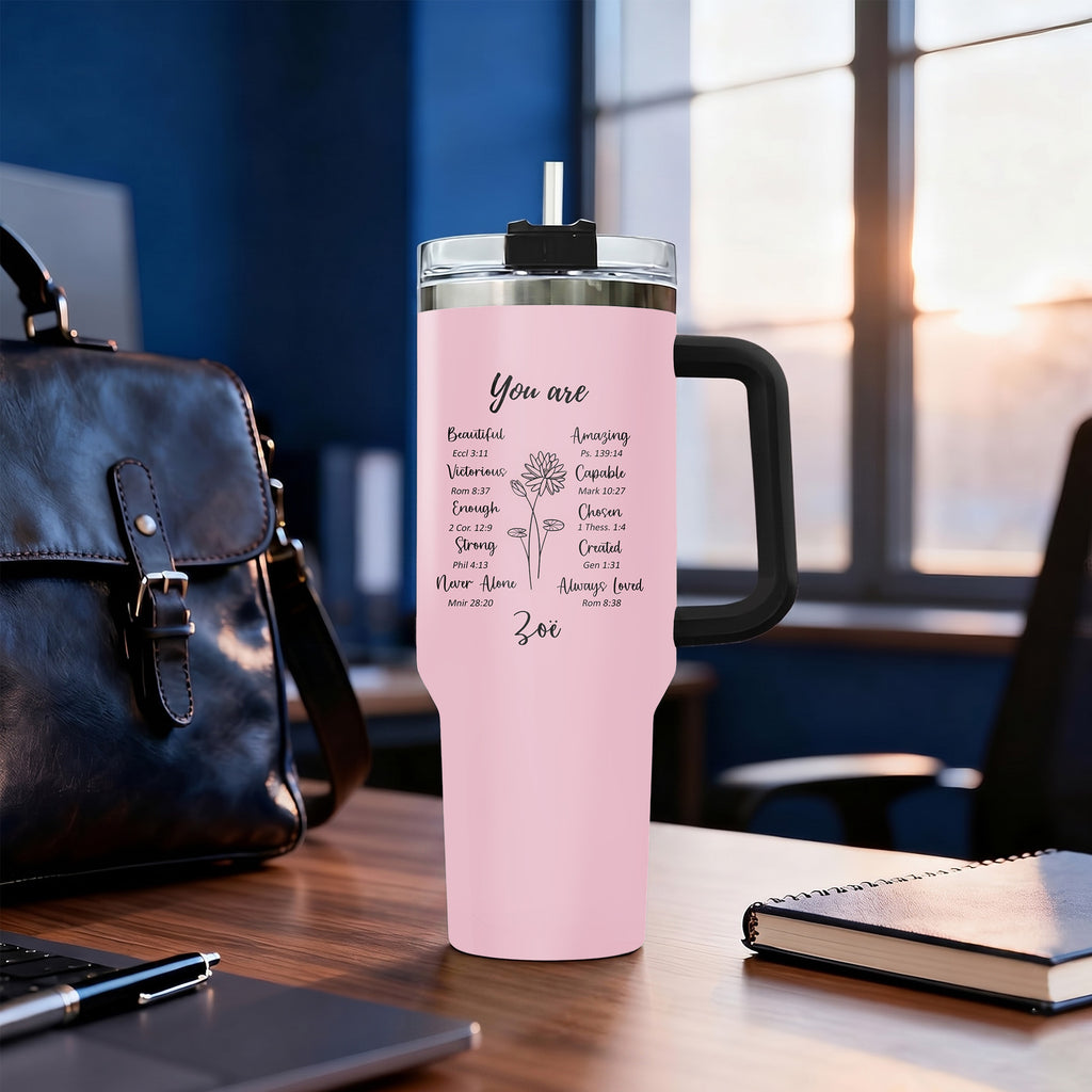 Personalized Christian Affirmation 40oz Tumbler with Handle, Custom Bible Verse Birth Flower Cup, Religious Encouragement Gift for Women