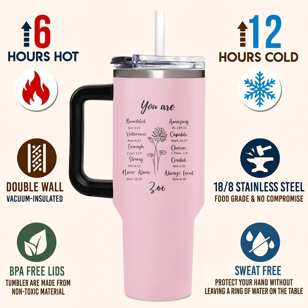 Personalized Christian Affirmation 40oz Tumbler with Handle, Custom Bible Verse Birth Flower Cup, Religious Encouragement Gift for Women