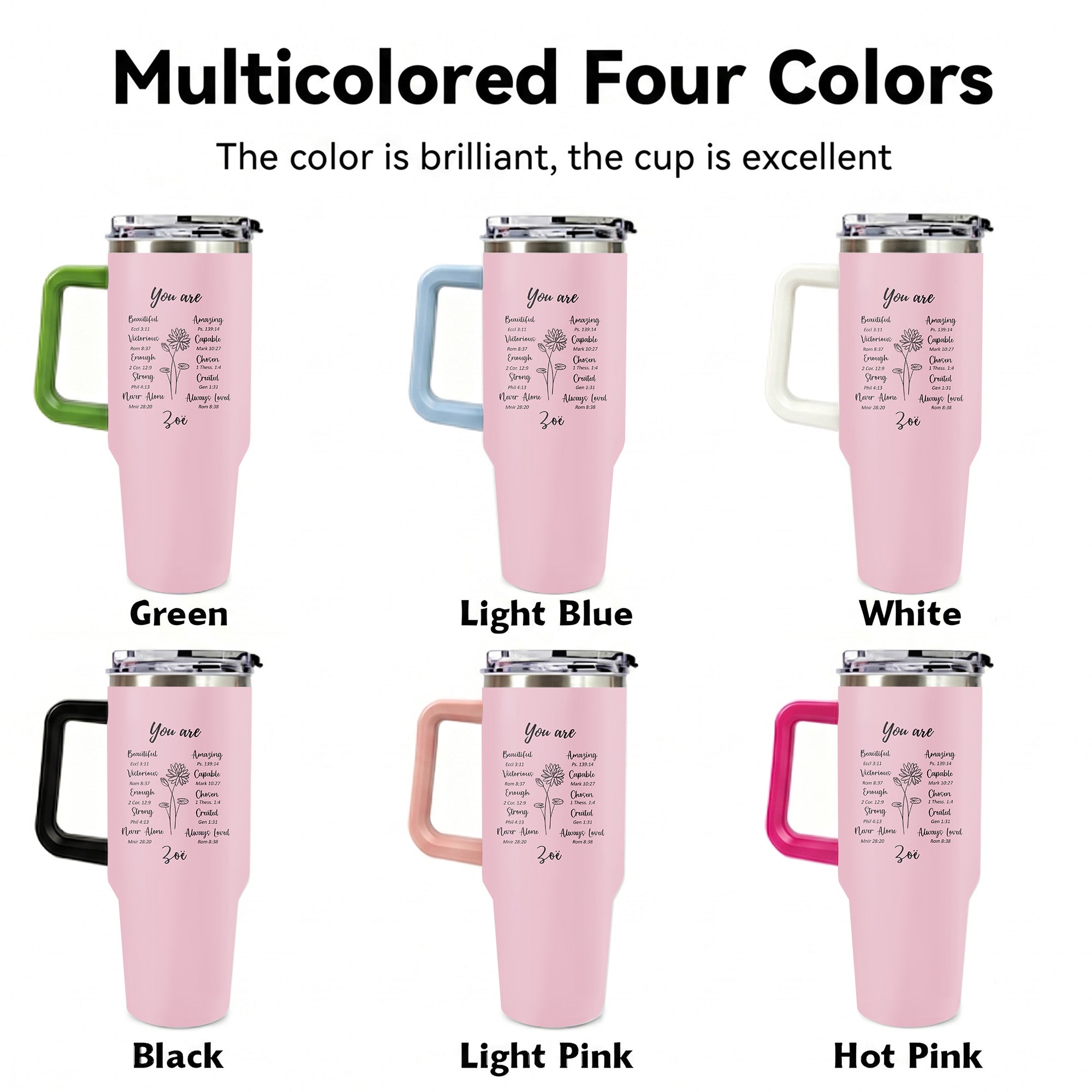 Personalized Christian Affirmation 40oz Tumbler with Handle, Custom Bible Verse Birth Flower Cup, Religious Encouragement Gift for Women