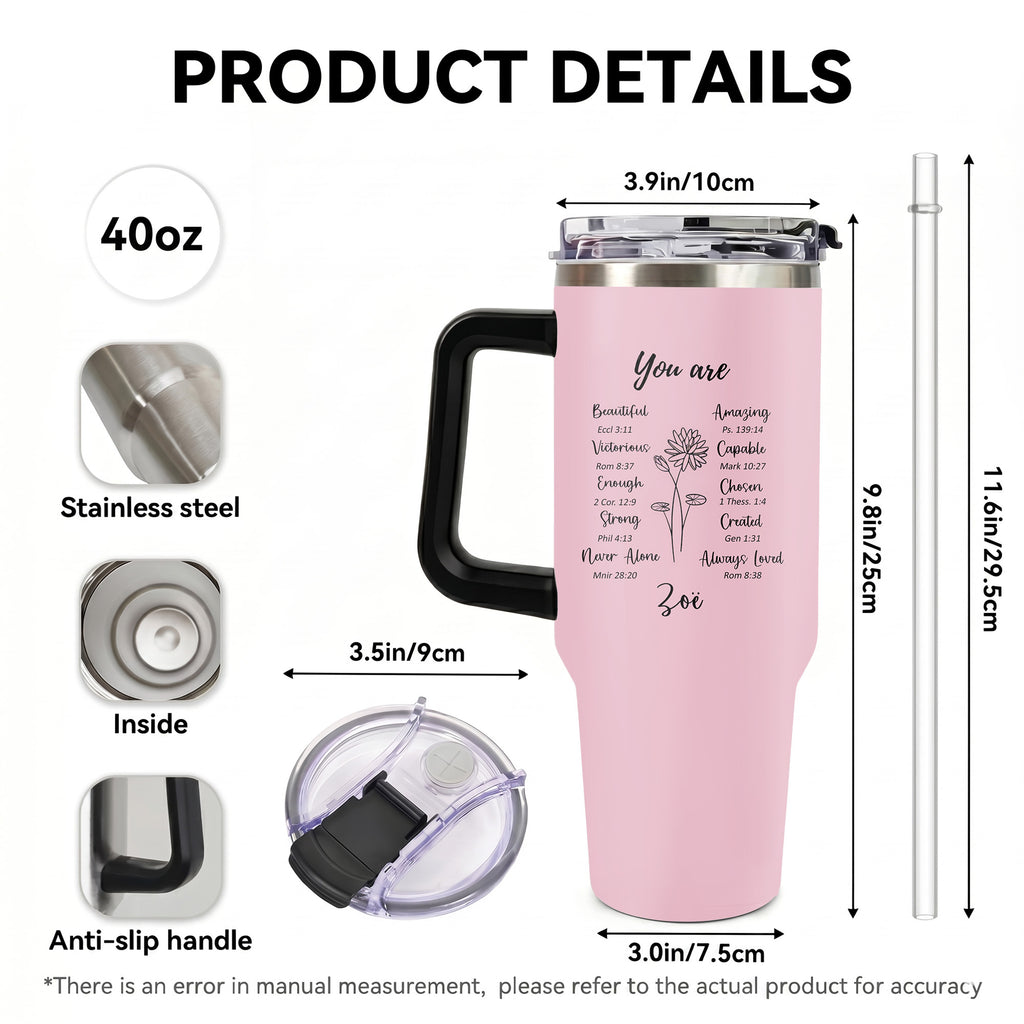 Personalized Christian Affirmation 40oz Tumbler with Handle, Custom Bible Verse Birth Flower Cup, Religious Encouragement Gift for Women