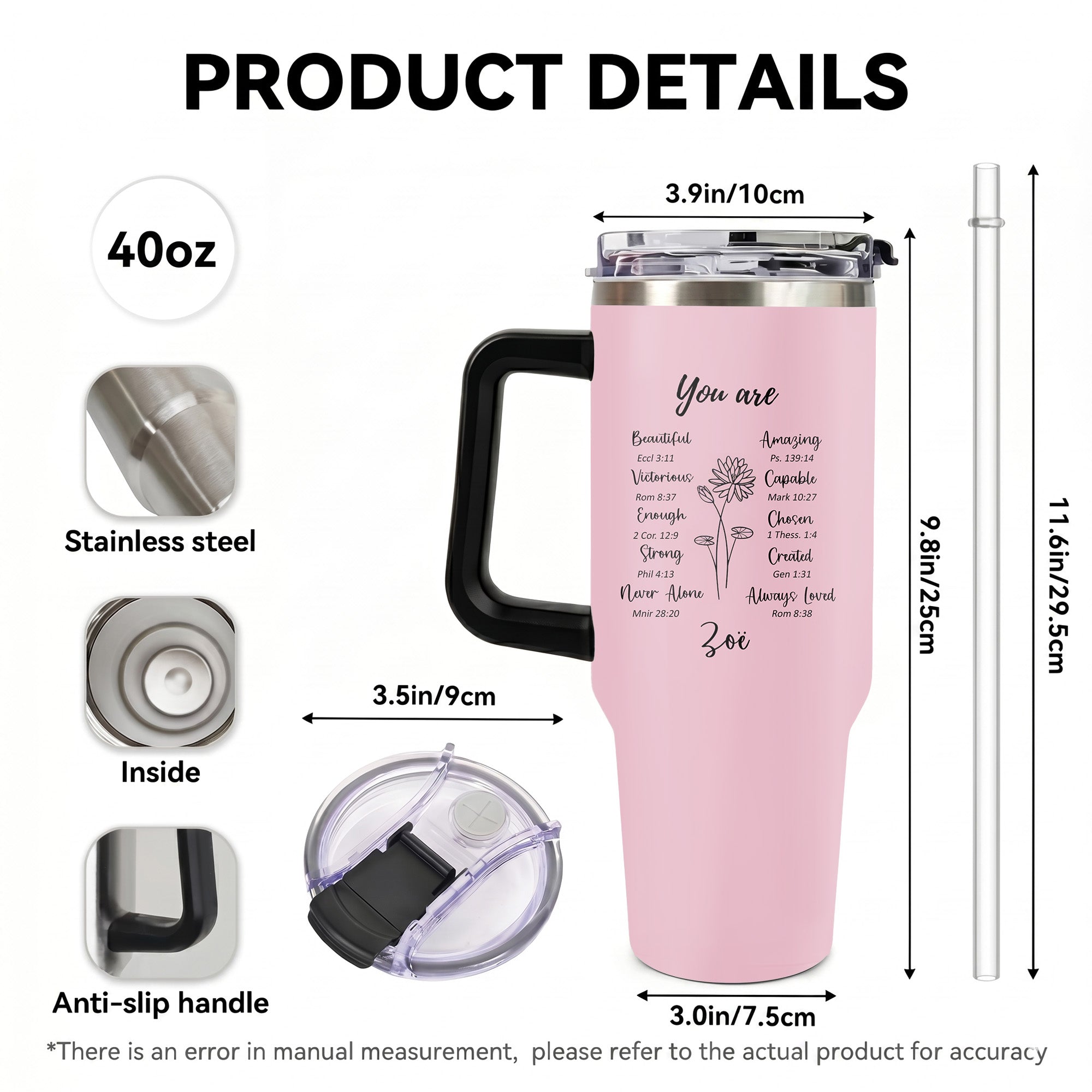 Personalized Christian Affirmation 40oz Tumbler with Handle, Custom Bible Verse Birth Flower Cup, Religious Encouragement Gift for Women