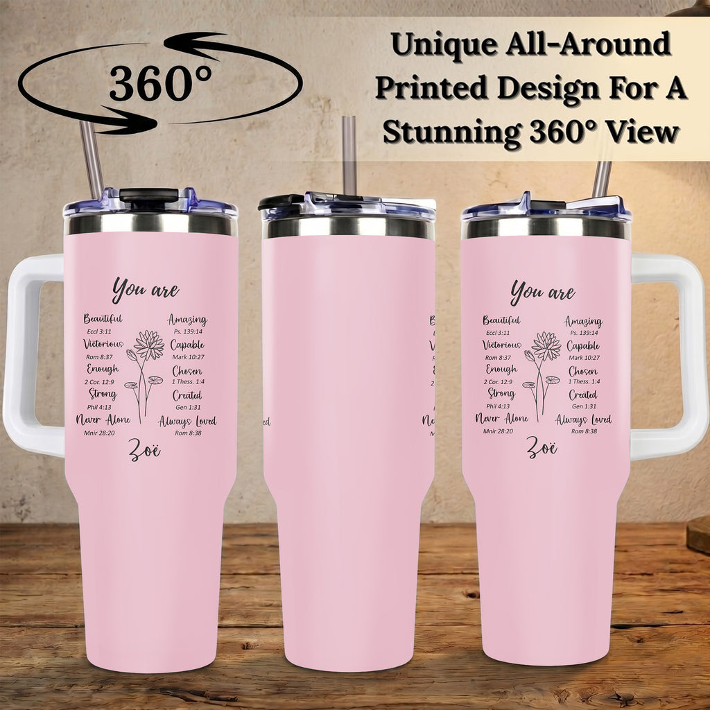 Personalized Christian Affirmation 40oz Tumbler with Handle, Custom Bible Verse Birth Flower Cup, Religious Encouragement Gift for Women