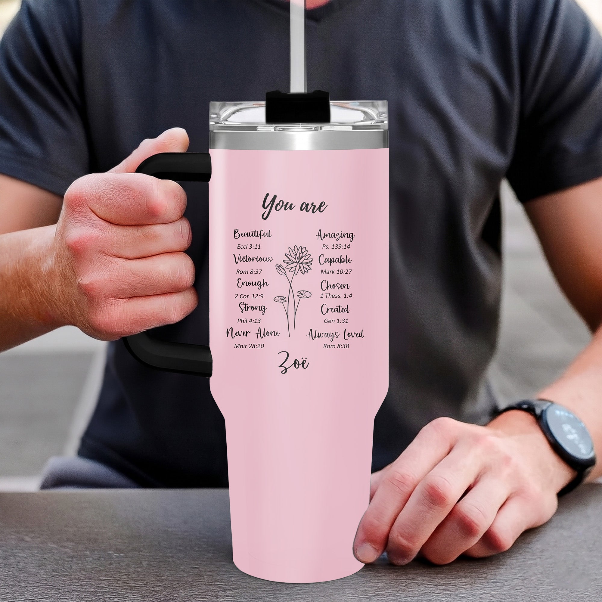 Personalized Christian Affirmation 40oz Tumbler with Handle, Custom Bible Verse Birth Flower Cup, Religious Encouragement Gift for Women