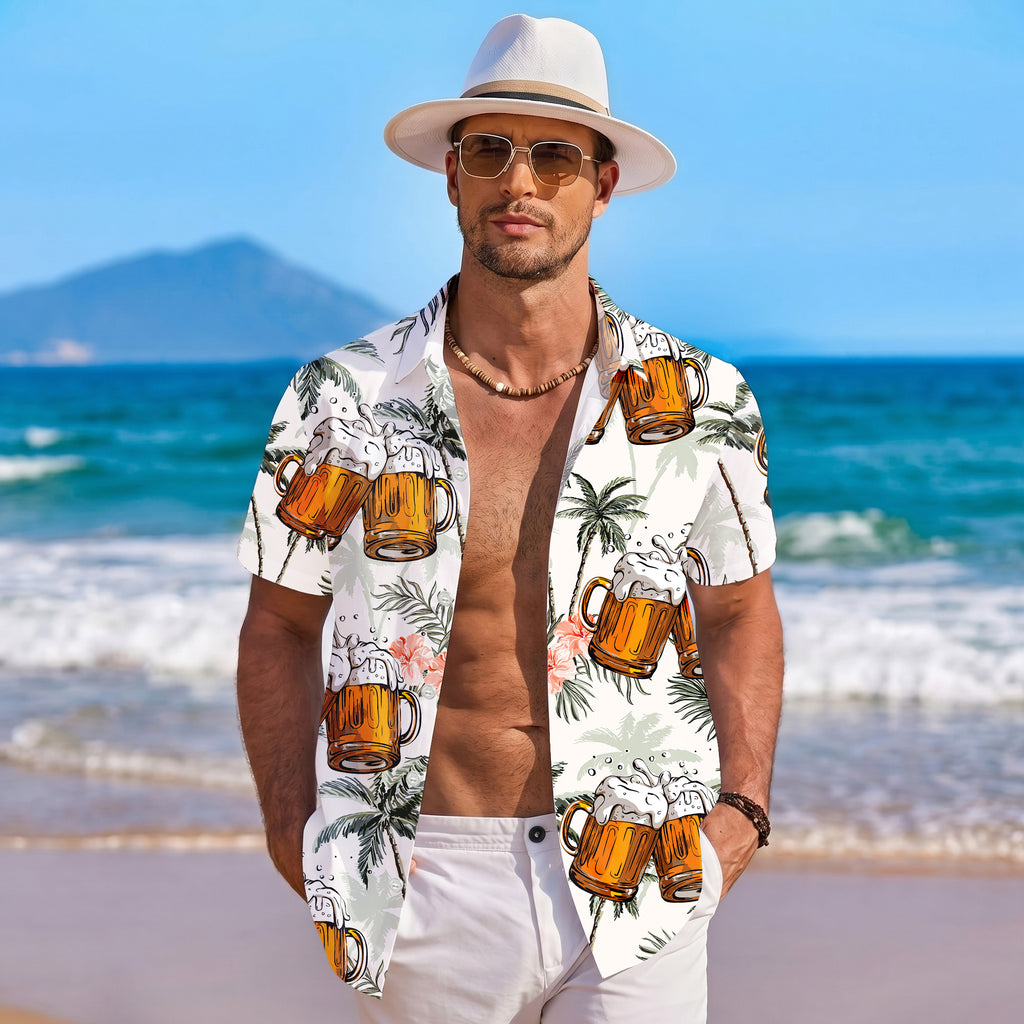 Beer Hawaiian Shirt for Men, Button Up Shirt for Men, Tropical Short Sleeve Beach Vacation Summer Casual Shirt - 0015